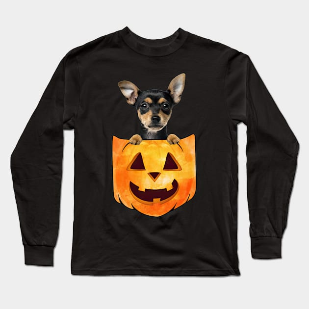 German Pinscher Dog In Pumpkin Pocket Halloween Long Sleeve T-Shirt by TATTOO project